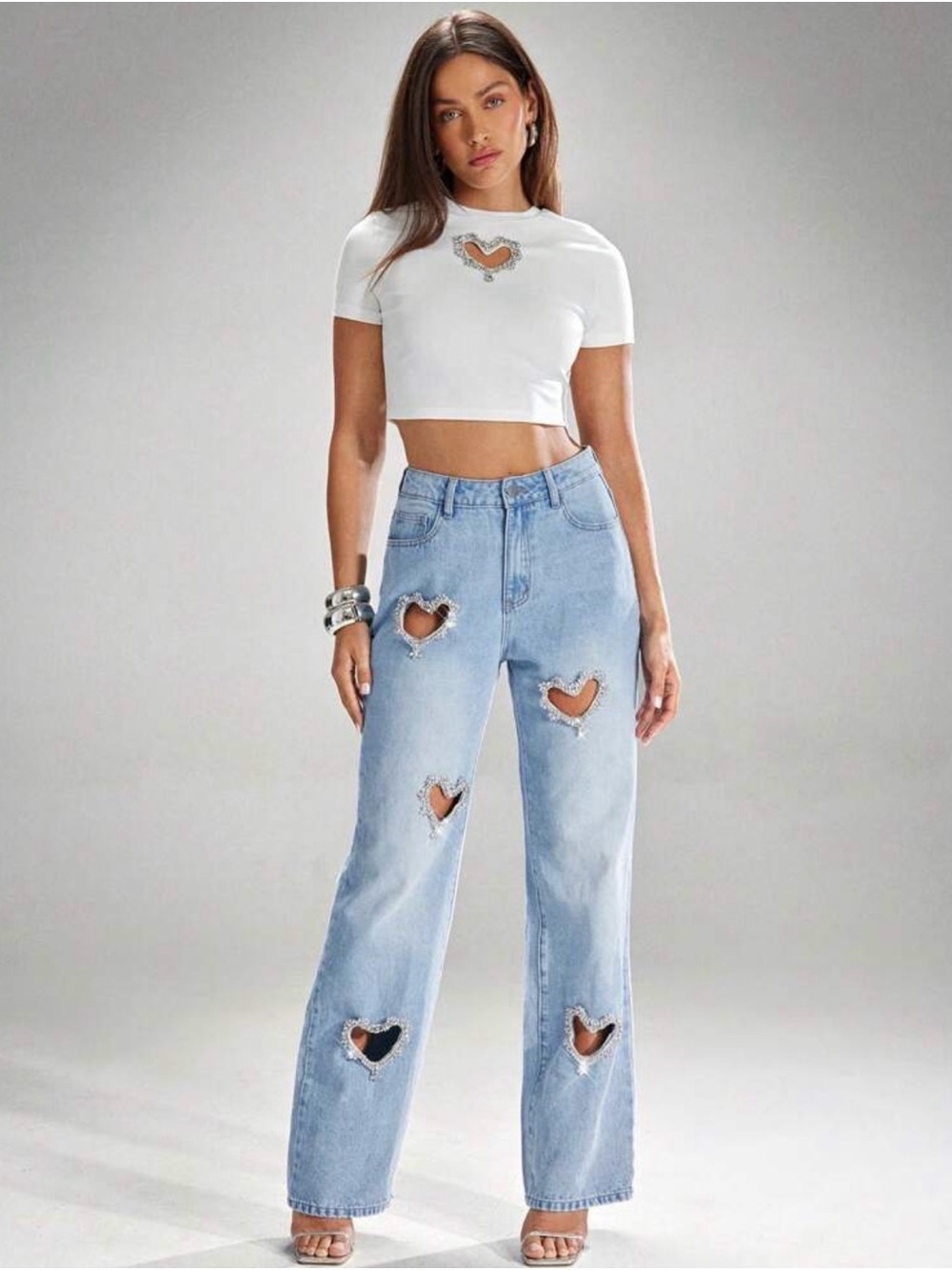 Light Blue Heart-cutout high rise straight Leg Jeans
